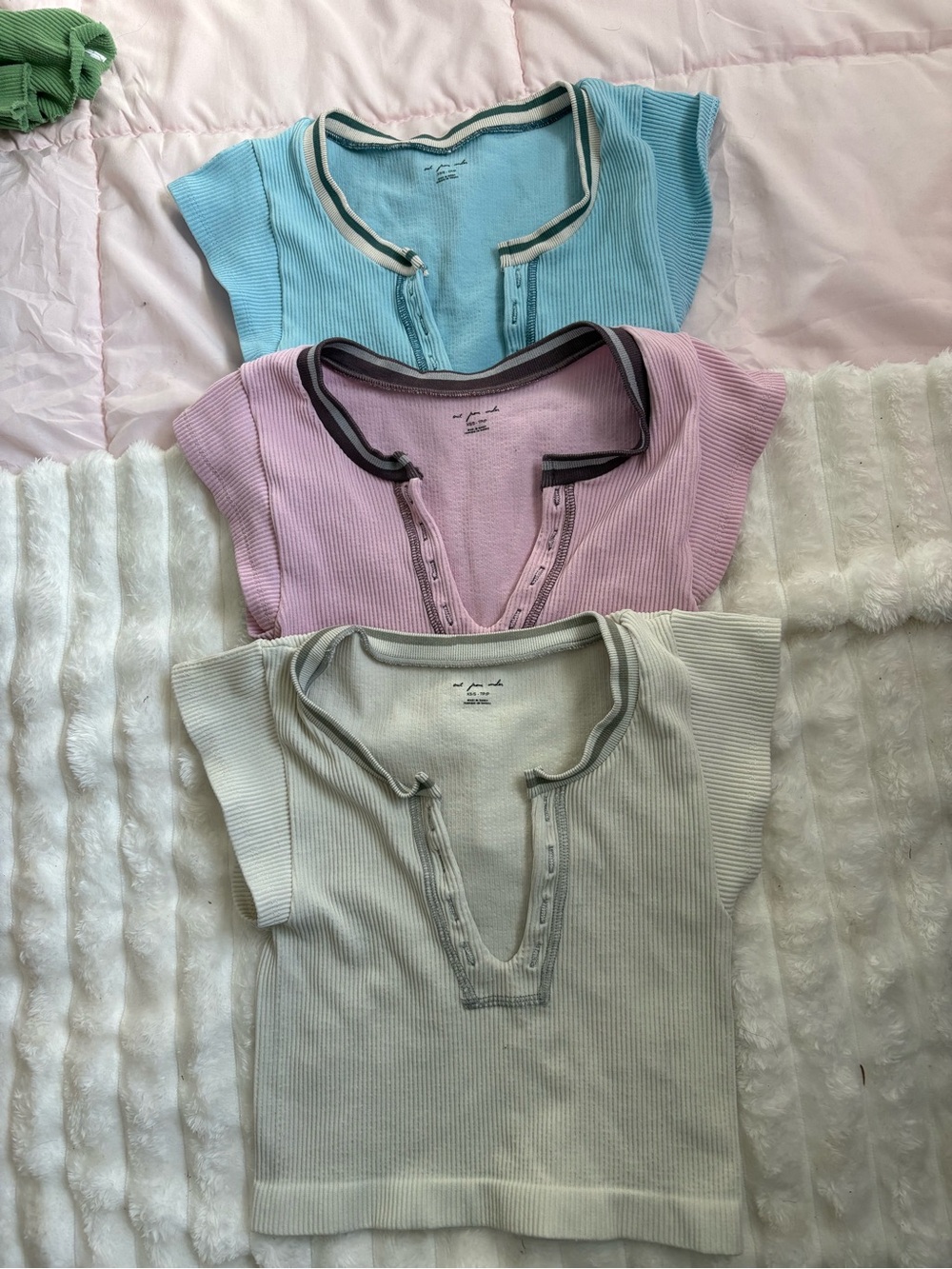 Urban Outfitters Short Sleeve Ribbed Tops - Pastel Blue, Pink, Cream